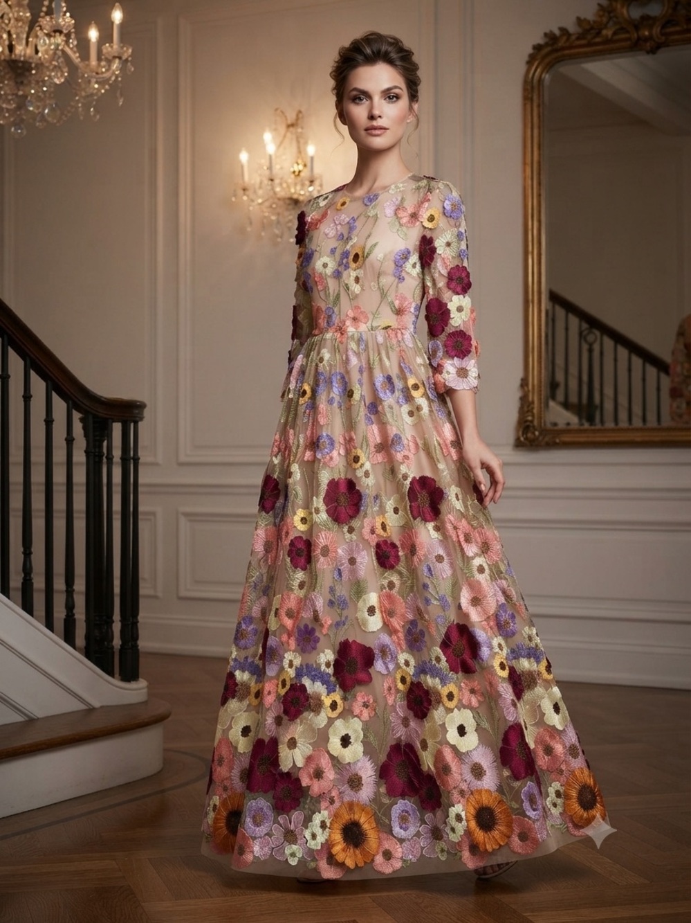 SPANNER Floral Embroidered Maxi Dress in Beige with Multicolor Flowers
